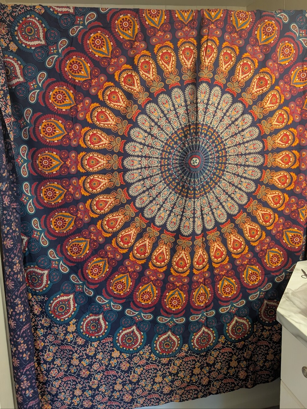 Mandala Tapestry in Blue, Red, Orange - 84x90 Inch